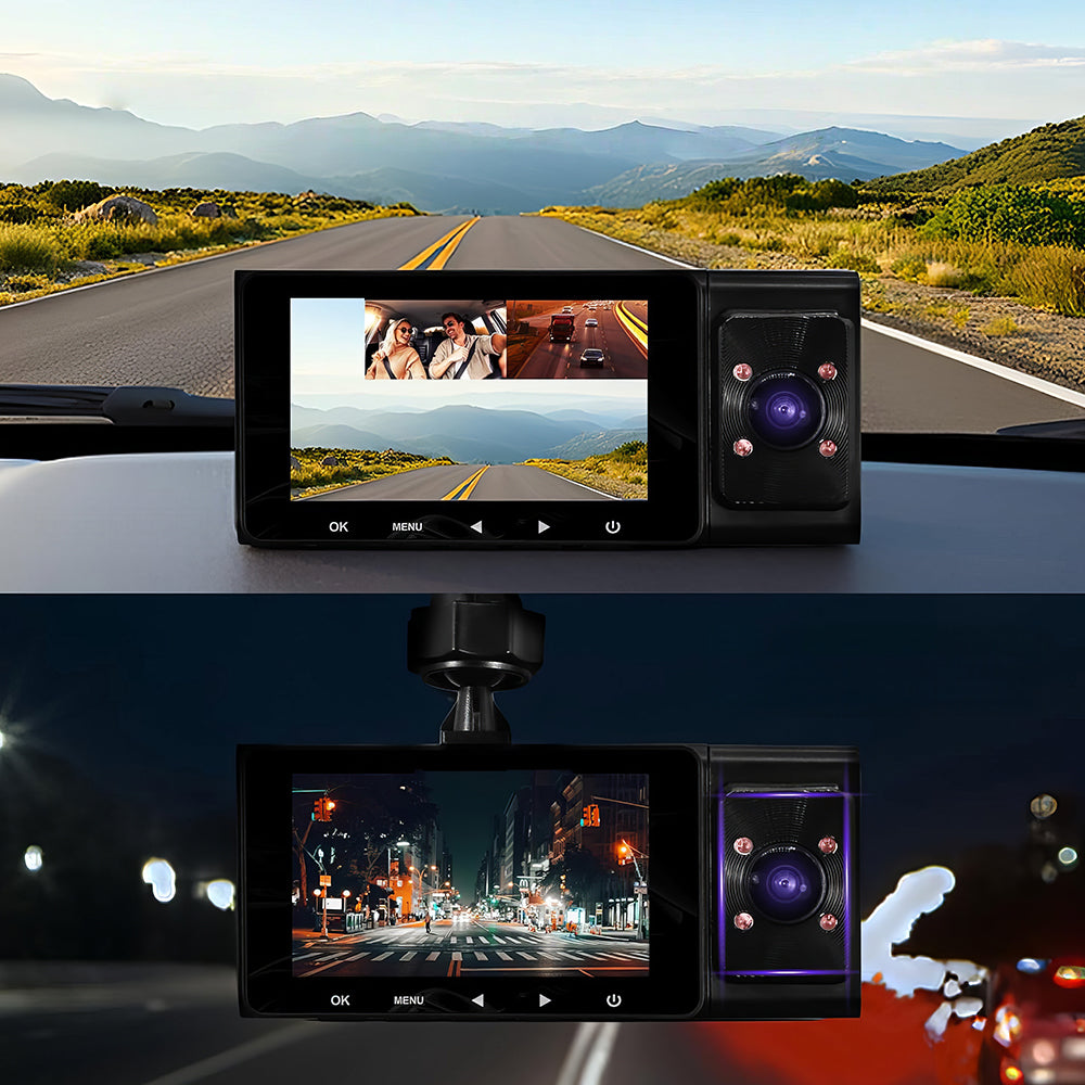 3-Channel Dash Cam 1080P with Rear & Interior Camera, Night Vision, 32GB